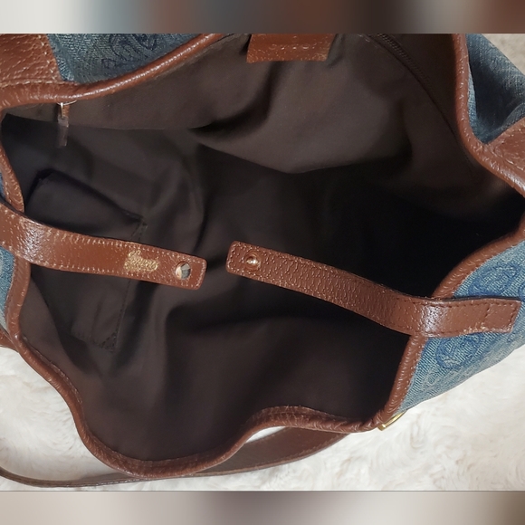 Authentic Gucci Blue Monogram Denim Shoulder Bag with Brown Leather Straps RARE! - Picture 13 of 16